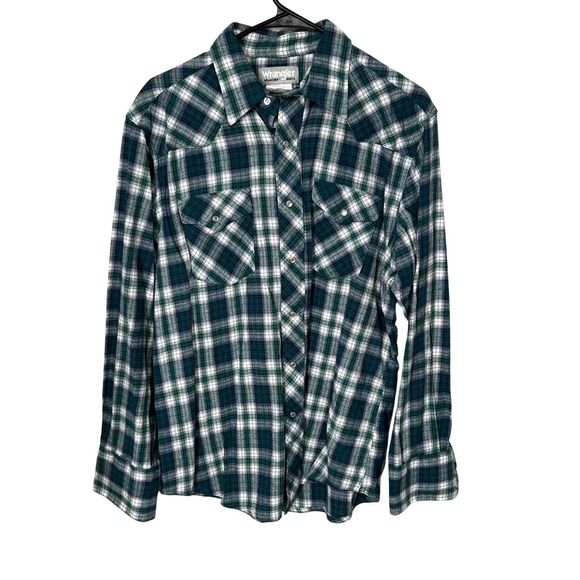 Wrangler Other - Wrangler Wrancher Shirt Blue and Green Plaid Pearly Snaps Men's Size Large